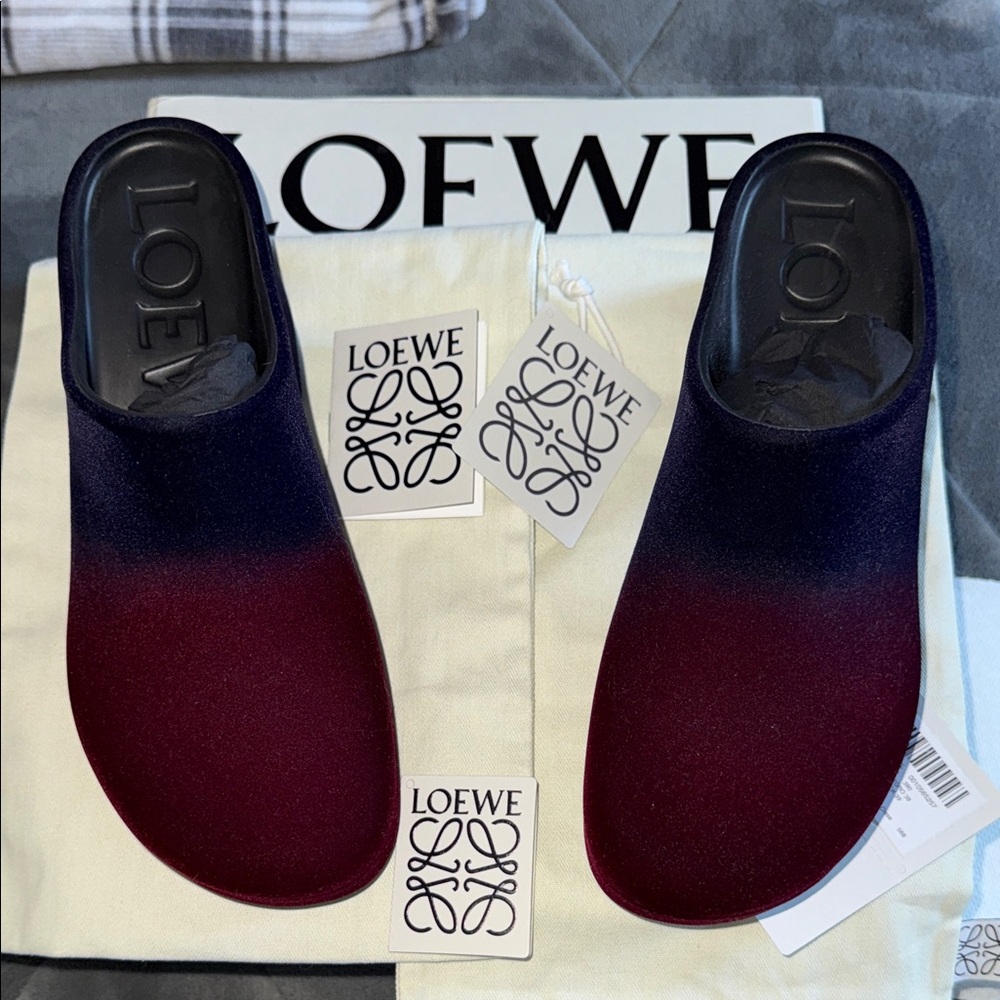 Loewe burgundy and Blue Mules size 38 pristine condition comes box n dust bag